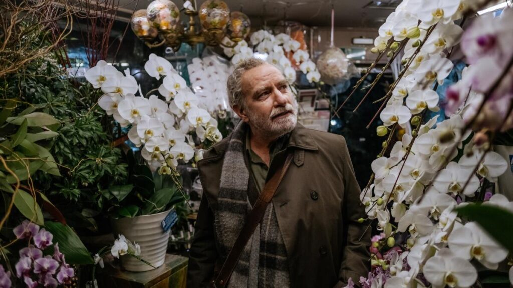 A man walks in a flower shop.