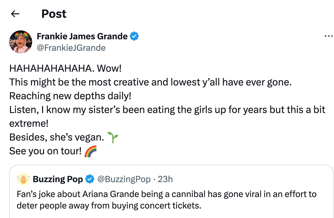 Frankie Grande responds to Ariana Grande cannibal rumors