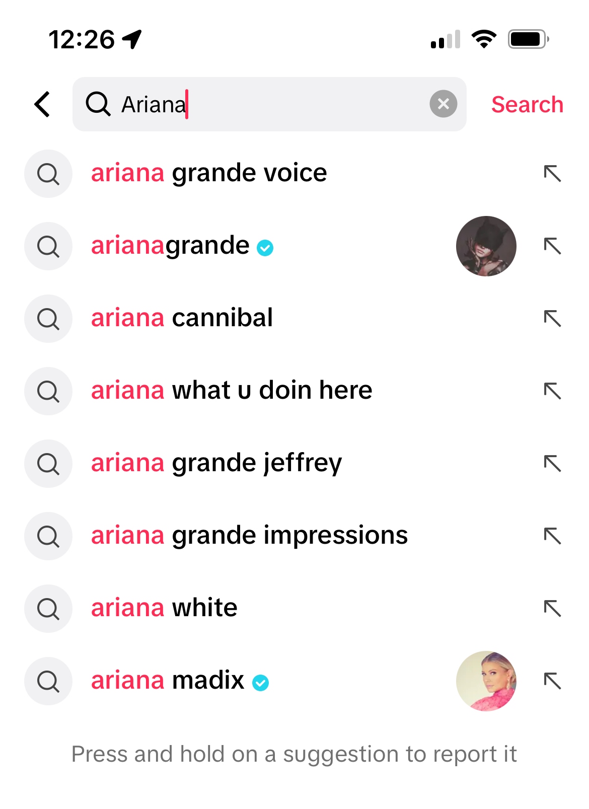 Ariana Grande TikTok Search showing cannibalism result