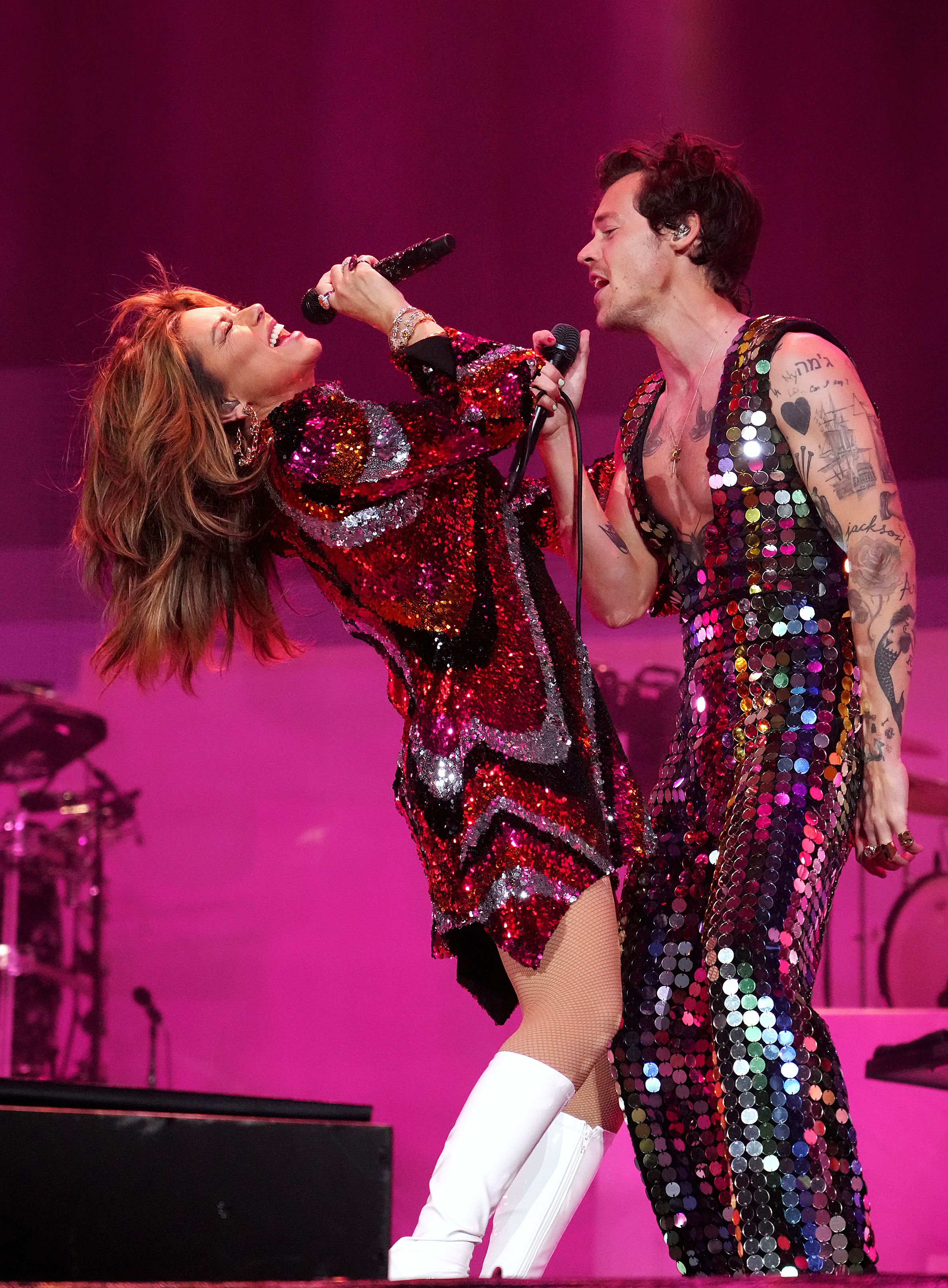 Shania Twain and Harry Styles performed onstage at the Coachella Stage during the 2022 Coachella Valley Music And Arts Festival