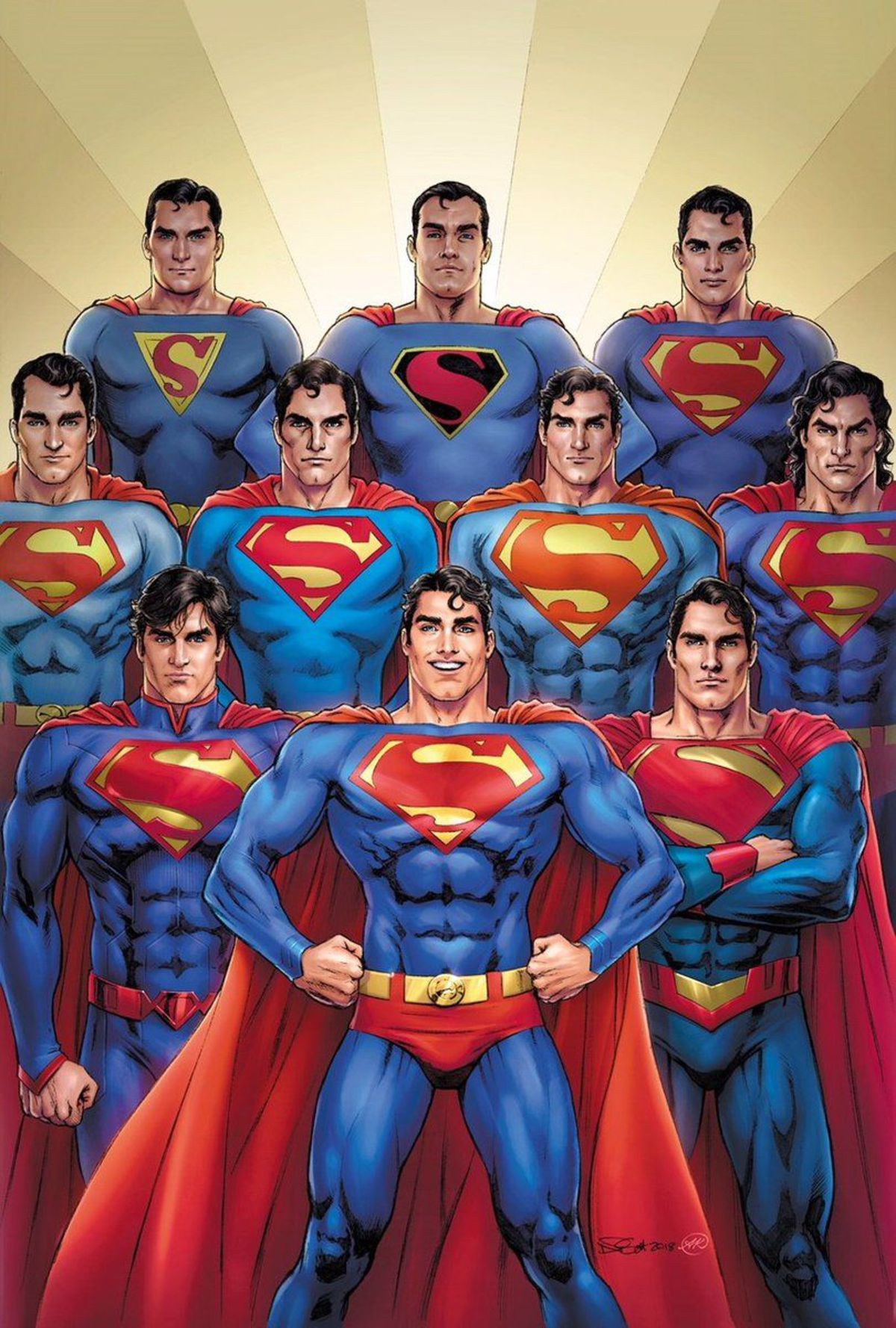 Art of ten Superman from ten different eras and costumes.