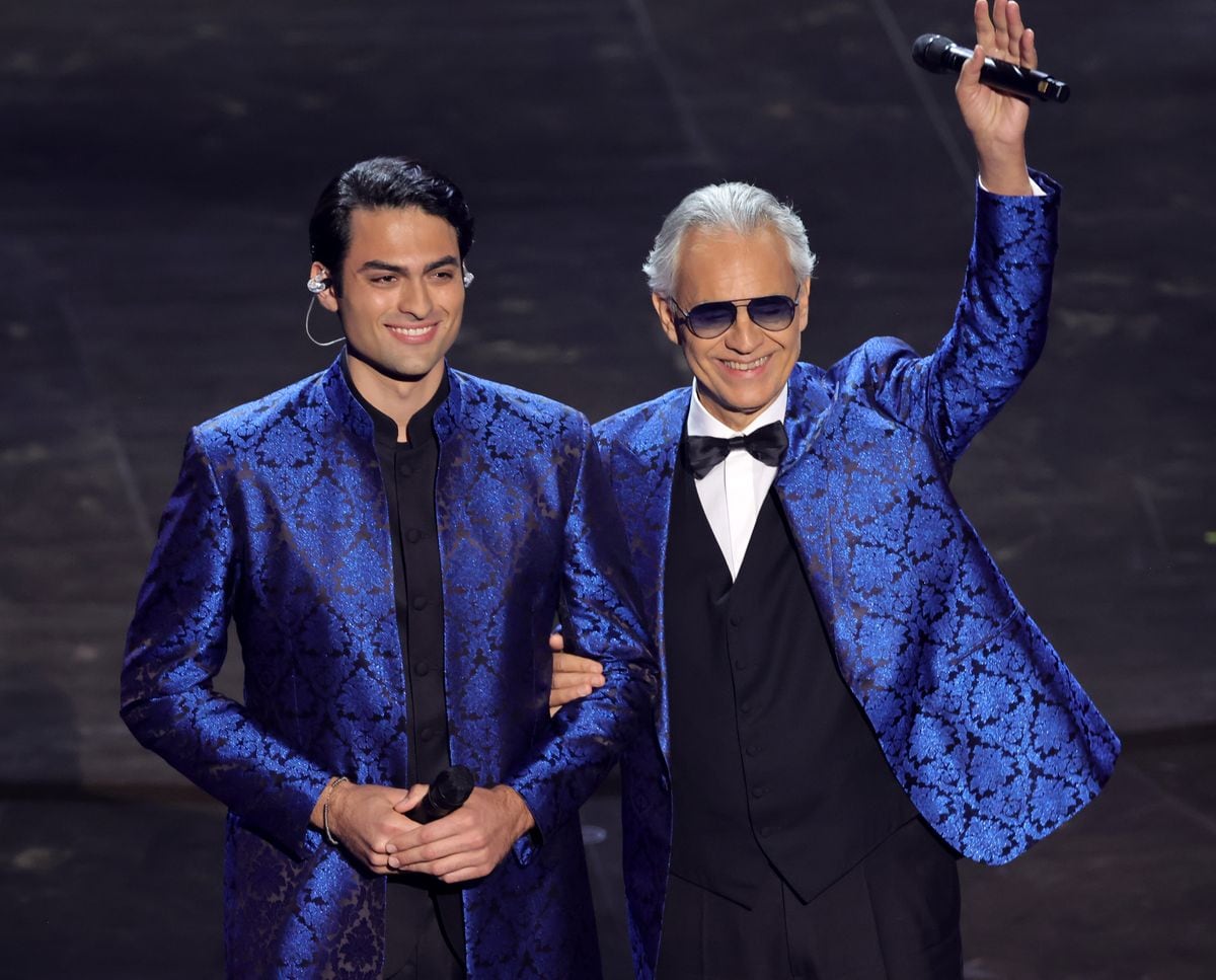 Matteo Bocelli and Andrea Bocelli onstage during the 96th Annual Academy Awards at Dolby Theatre on March 10, 2024, in Hollywood, California. 
