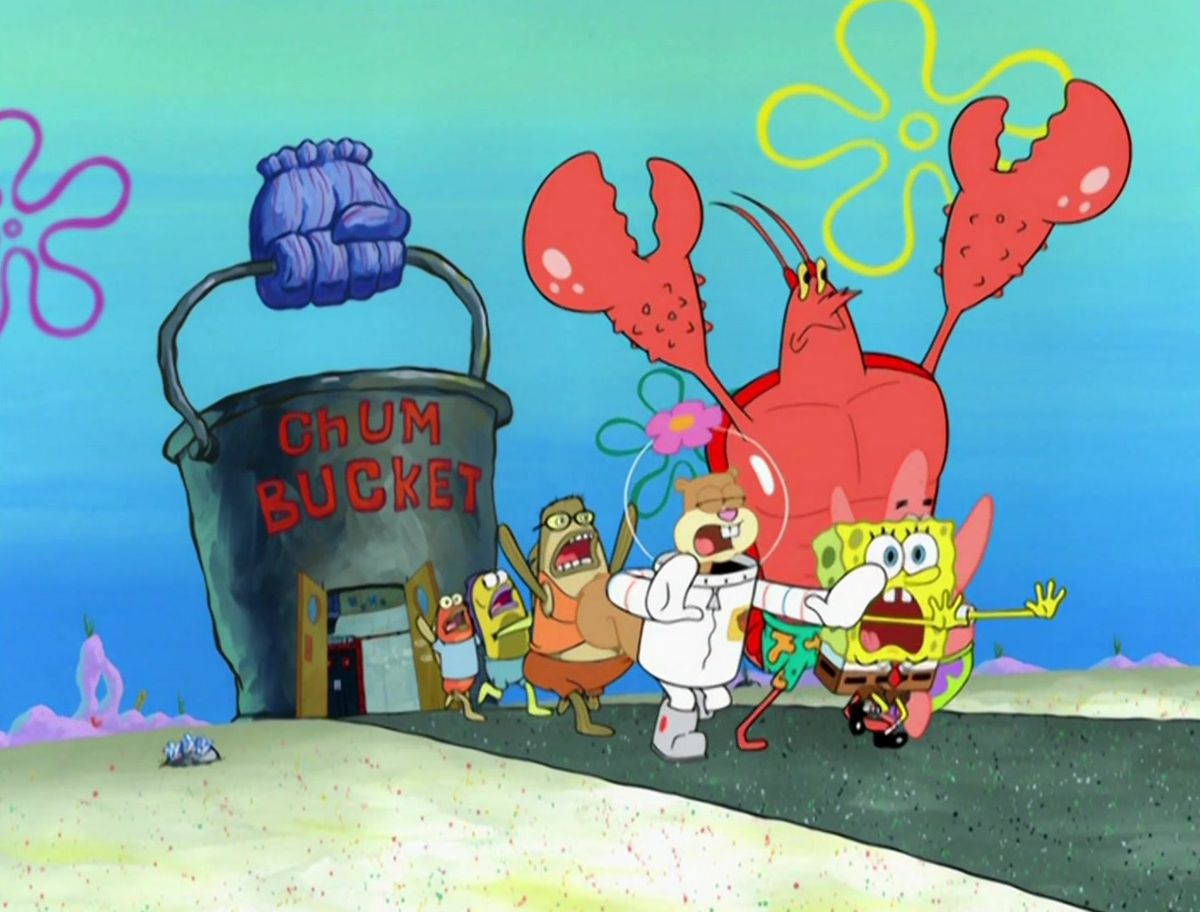 SpongeBob, Sandy, Larry the Lobster, Bubble Bass, and other background characters run screaming out of The Chum Bucket