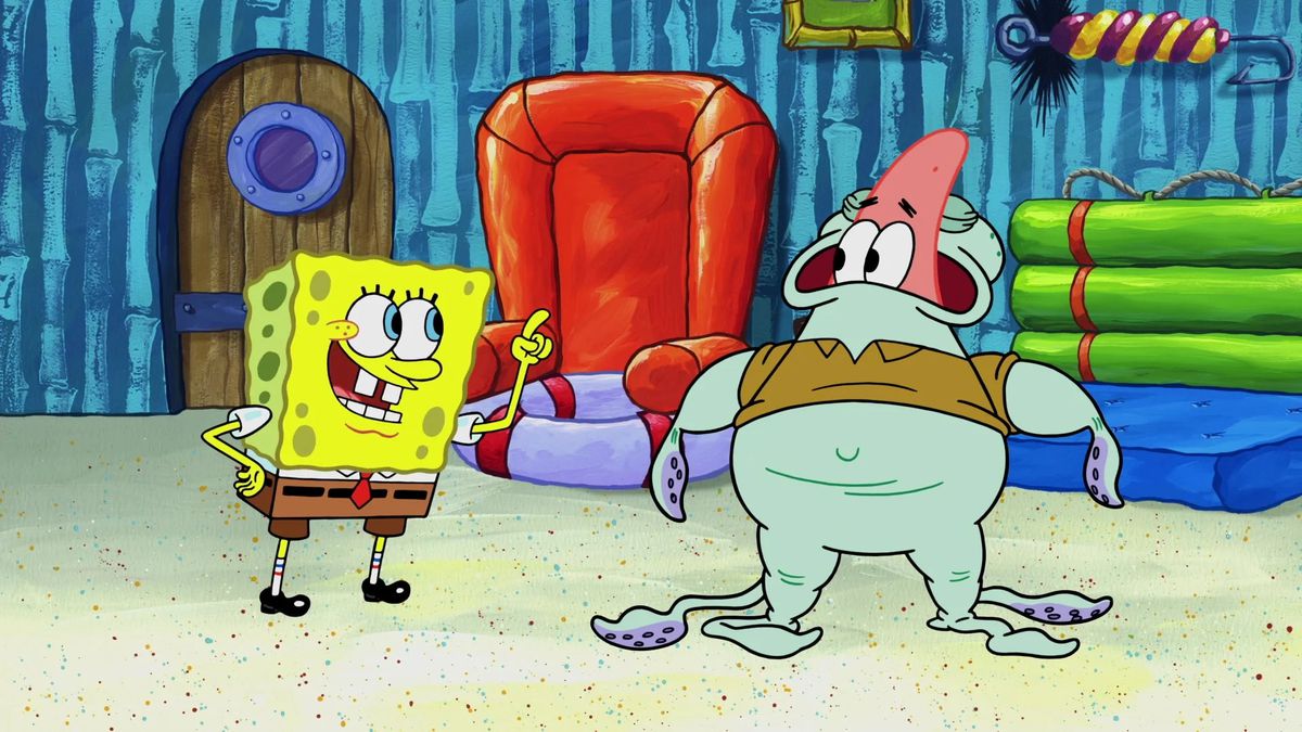 SpongeBob talking to Patrick who’s in Squidward suit