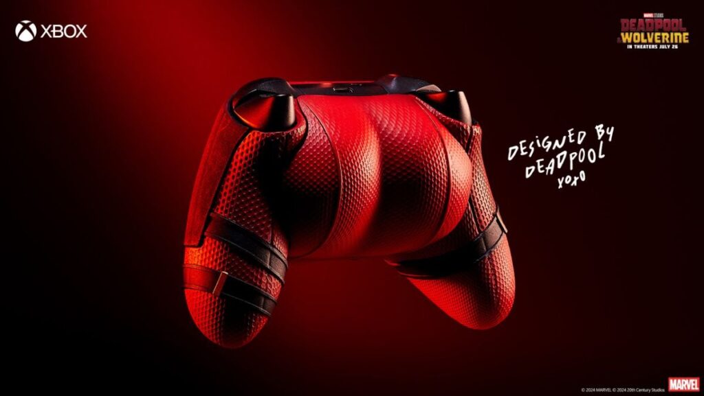 xbox controller shaped like deadpool's butt in a promotional photo