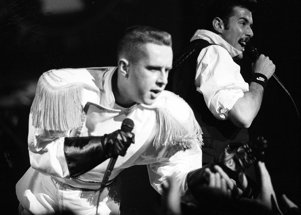 Holly Johnson and Paul Rutherford of Frankie Goes To Hollywood performing onstage.