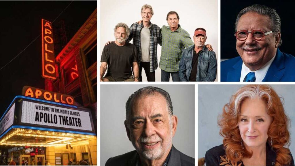 The 2024 Kennedy Center honorees, clockwise from left, The Apollo theater; the Grateful Dead (Bob Weir, Phil Lesh, Mickey Hart and Billy Kreutzmann); jazz trumpeter, pianist and composer Arturo Sandoval; blues rock singer-songwriter and guitarist, Bonnie Raitt; and director and filmmaker Francis Ford Coppola.