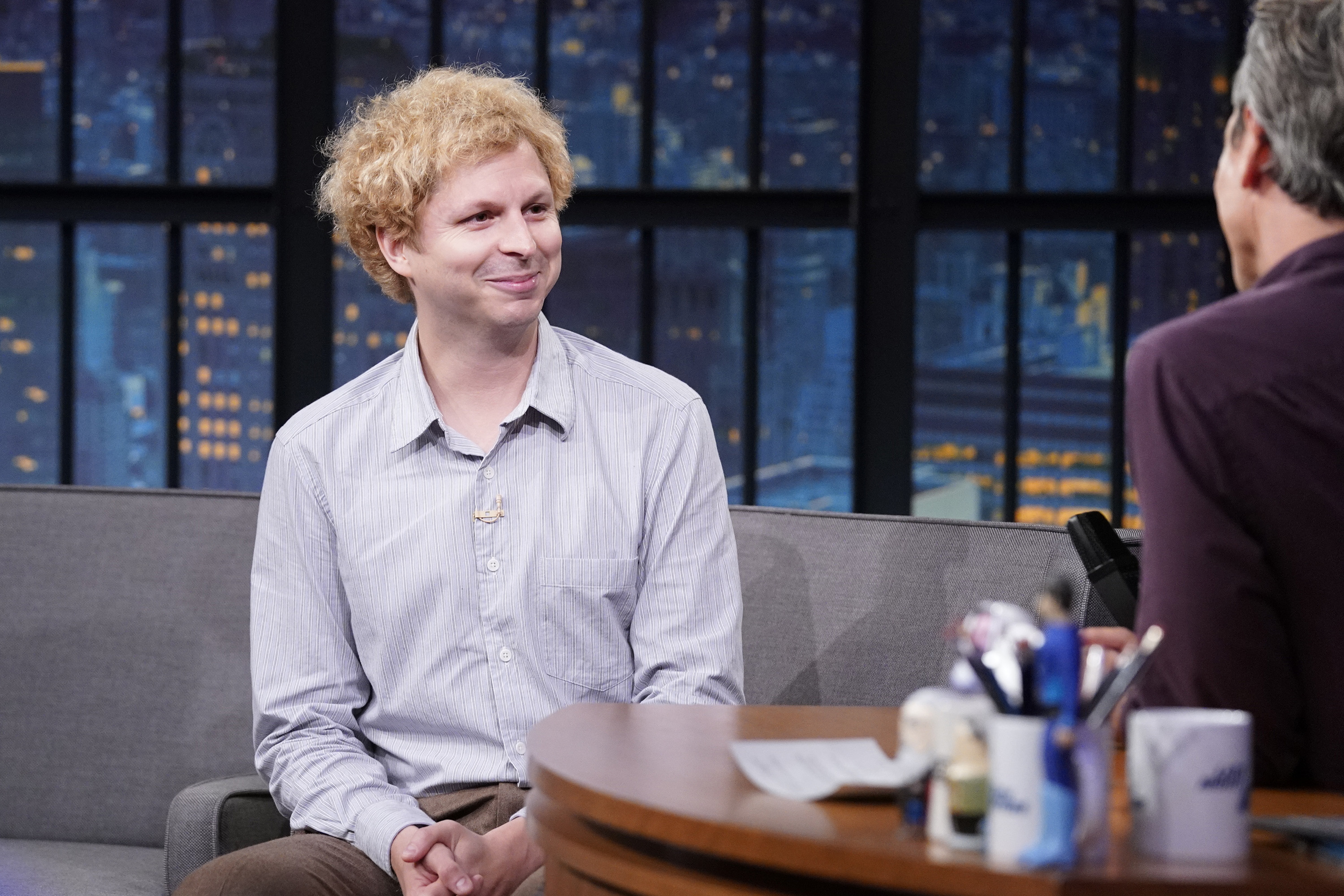 Michael Cera talking with Seth Meyers on Late Night with Seth Meyers