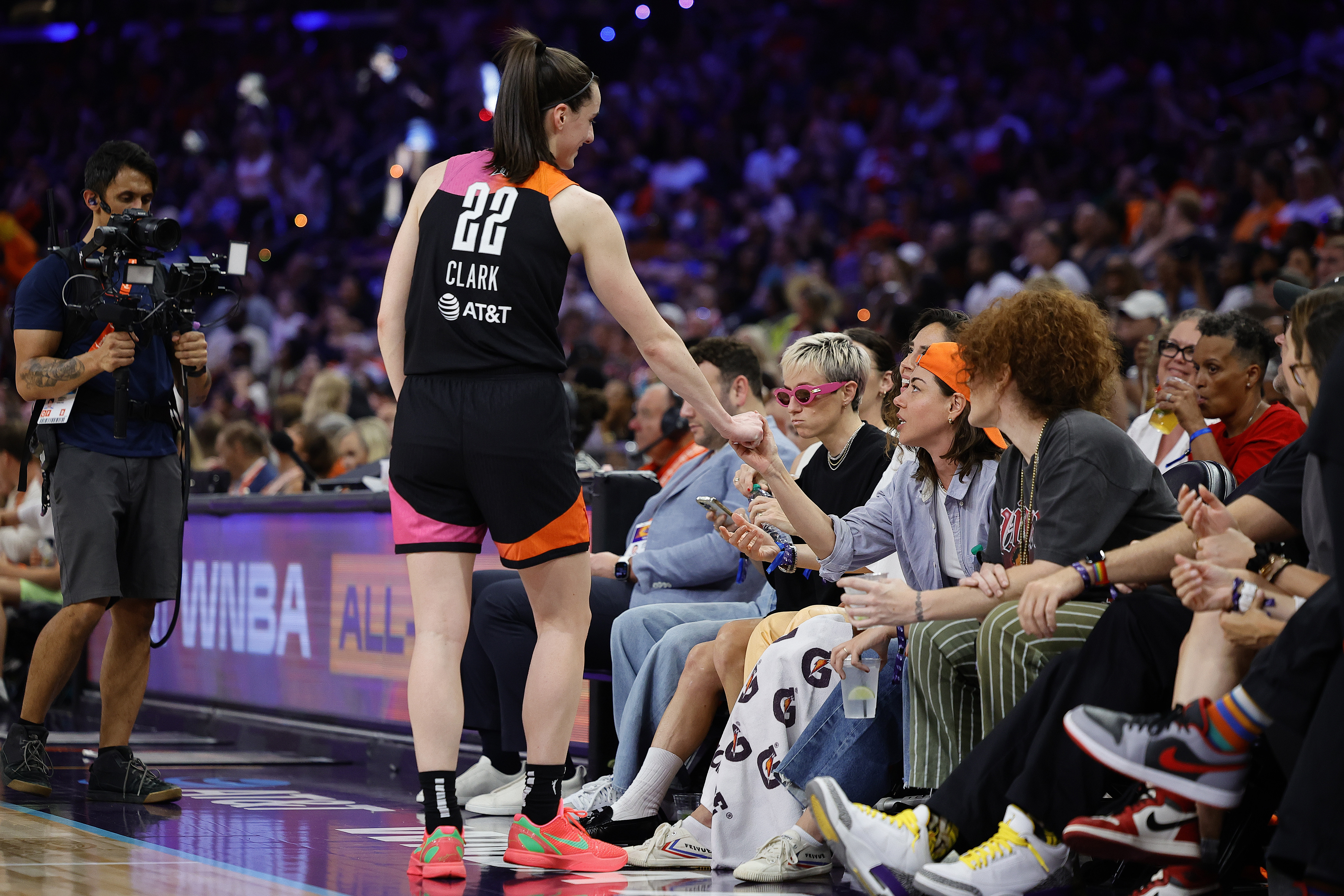 Aubrey Plaza was greeted by Caitlin Clark during the second half of the 2024 WNBA All Star Game