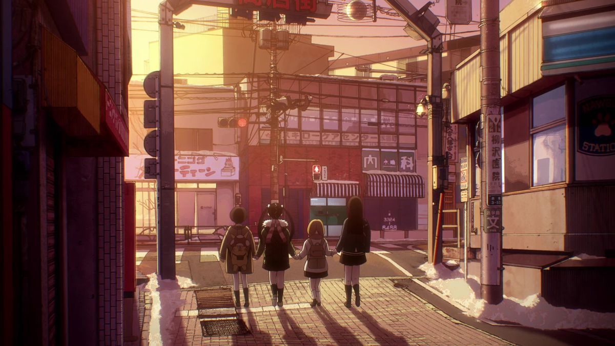 Four girls holding hands and walking together through a street in Tokyo during sunset in Dead Dead Demons Dededede Destruction.
