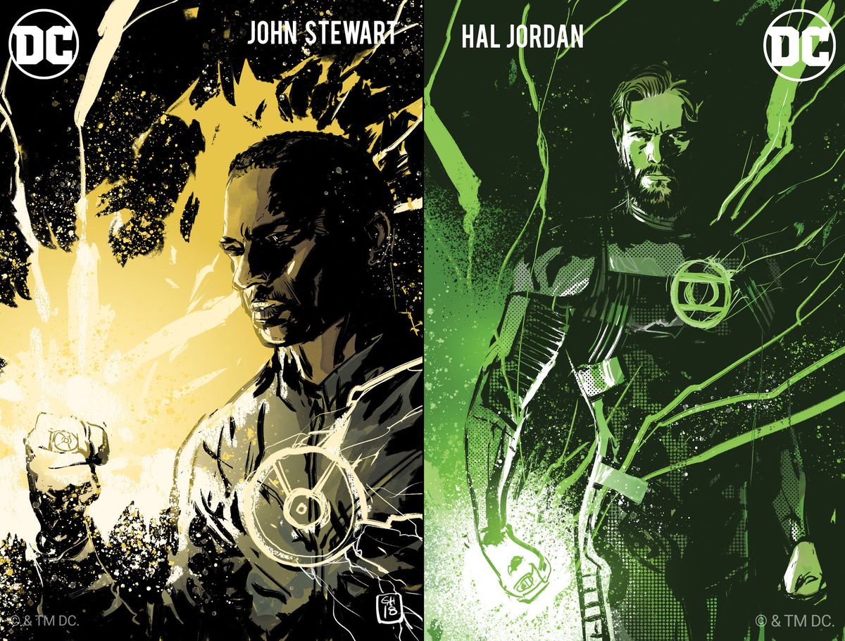 John Stewart Green Lantern shaded in yellow and Hal Jordan shaded in green promo art for the Lanterns TV show