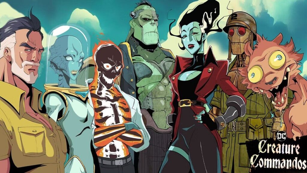 Creature Commandos lineup including  Rick Flag Sr., a fish woman, a glowing skeleton man, a Frankenstein’s monster, and Weasel