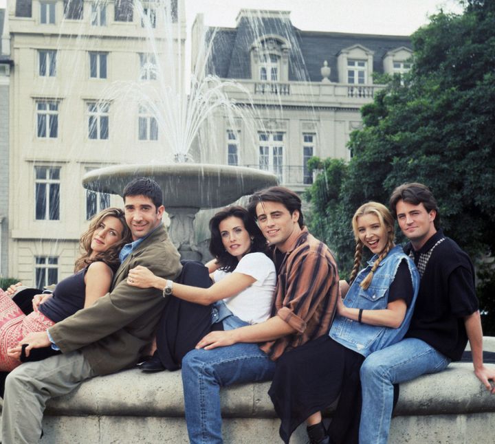From left: Jennifer Aniston, David Schwimmer, Courteney Cox and Matt LeBlanc pose with Kudrow and Perry for a "Friends" promo shoot in 1994.