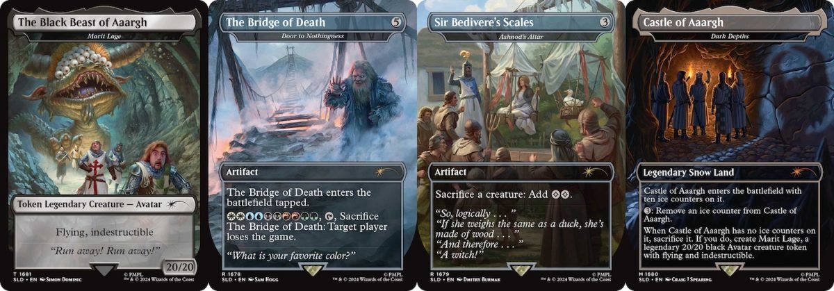 A tableau of Magic: The Gathering cards with different art, characters, and quotes from Monty Python and the Holy Grail