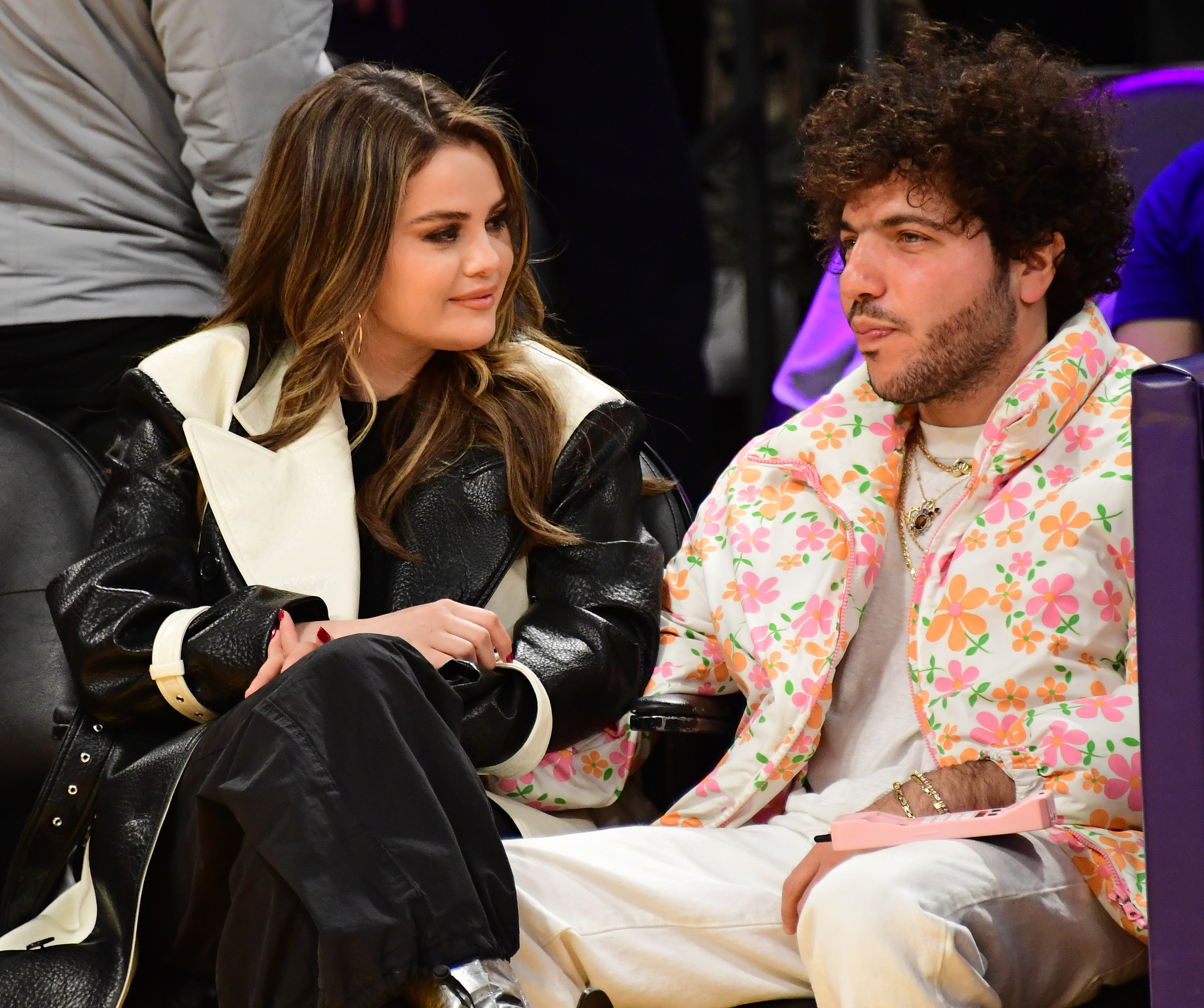 Selena Gomez and Benny Blanco pictured at a Lakers game in Los Angeles, California