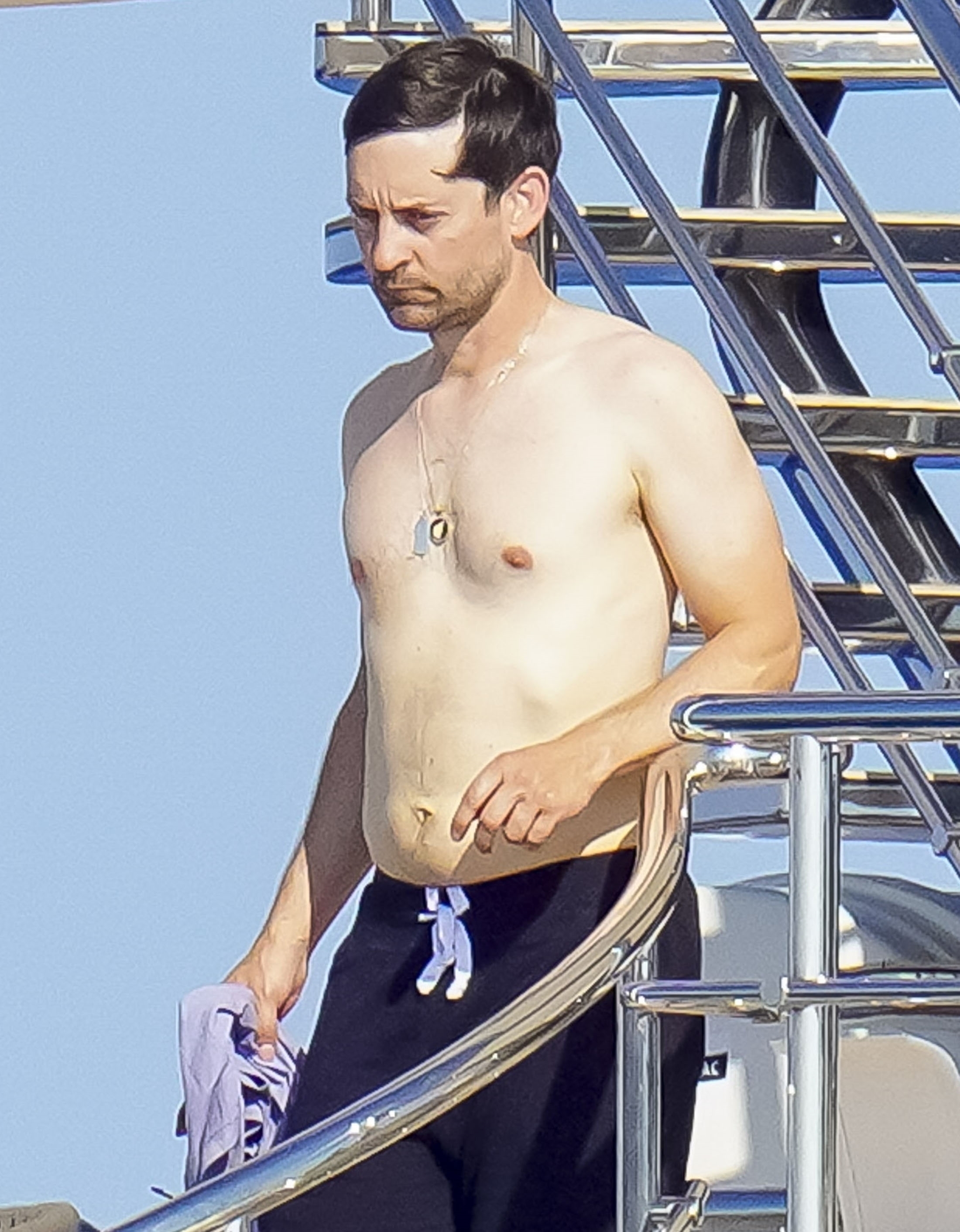 The actor soaked up the sun and enjoyed a snack while on the luxury vessel in St Tropez, France, at times appearing shirtless