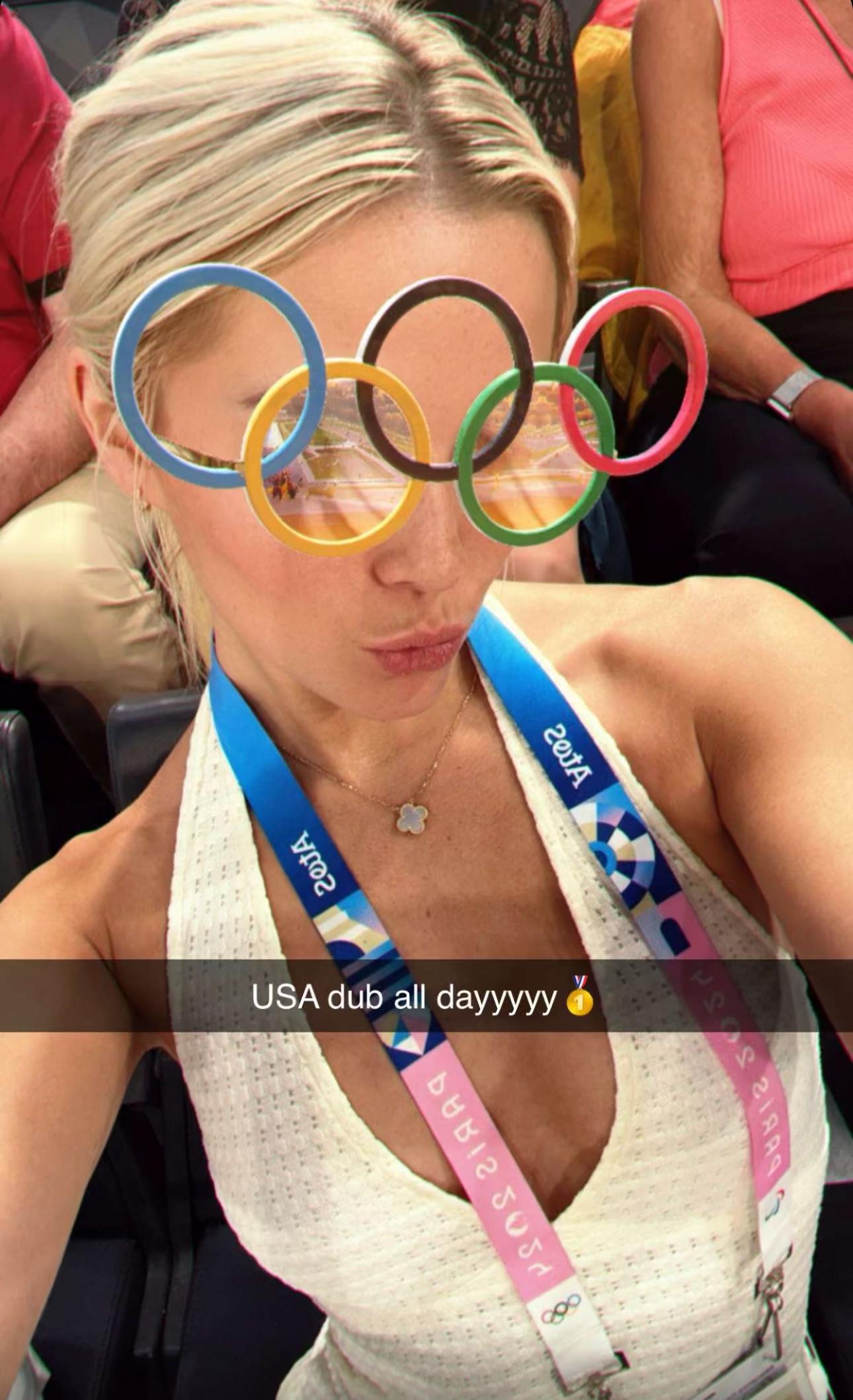 Olivia Dunne snaps a selfie while at the Olympics in Paris, France.