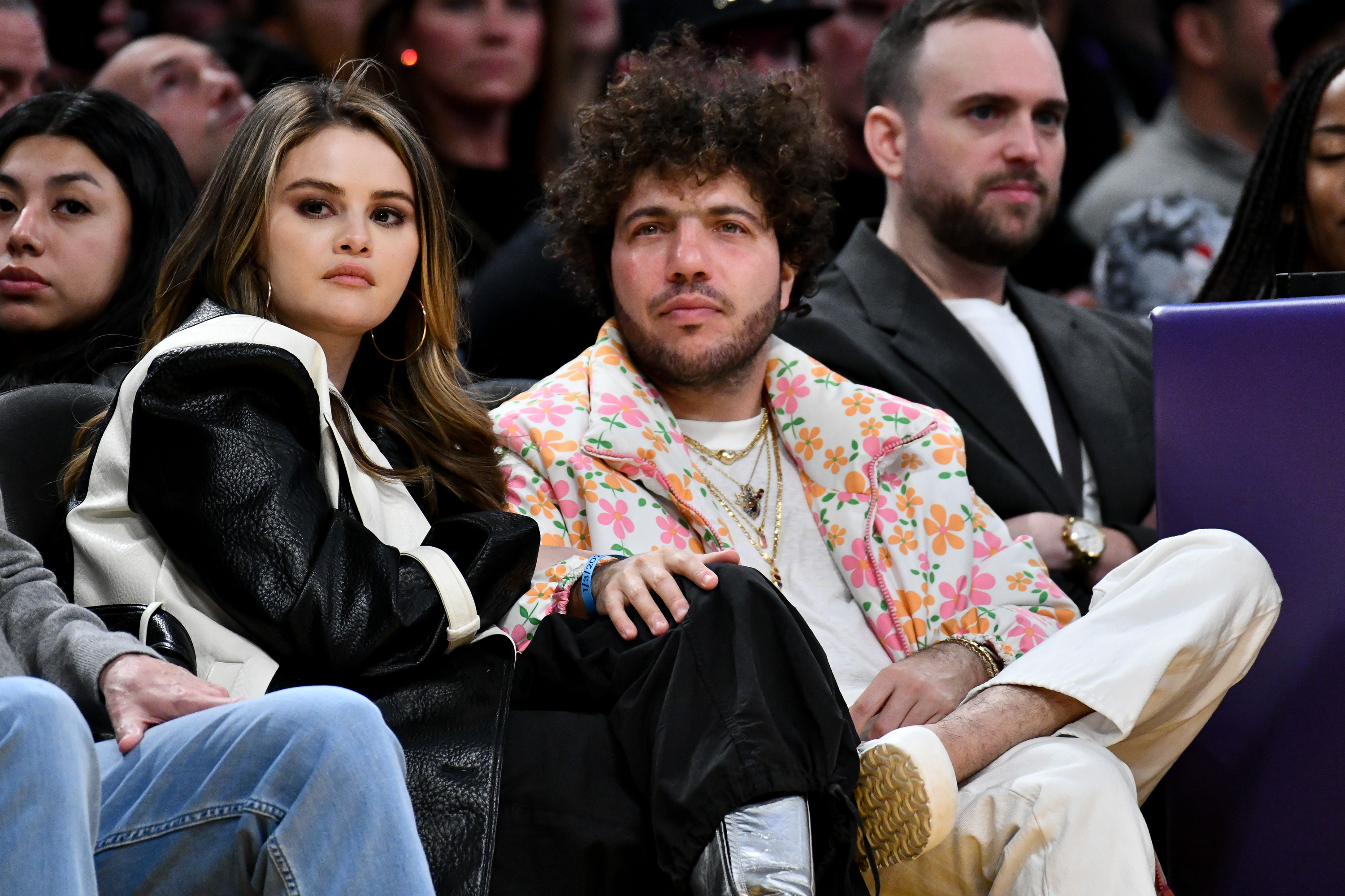 Selena Gomez and Benny Blanco were photographed together at a basketball game between the Los Angeles Lakers and the Miami Heat in January 2024