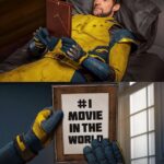 Hugh Jackman in his yellow and blue costume recreating the sad Wolverine meme lying in bed looking at a photo split on the bottom with the photo revealing the film is the #1 movie in the world