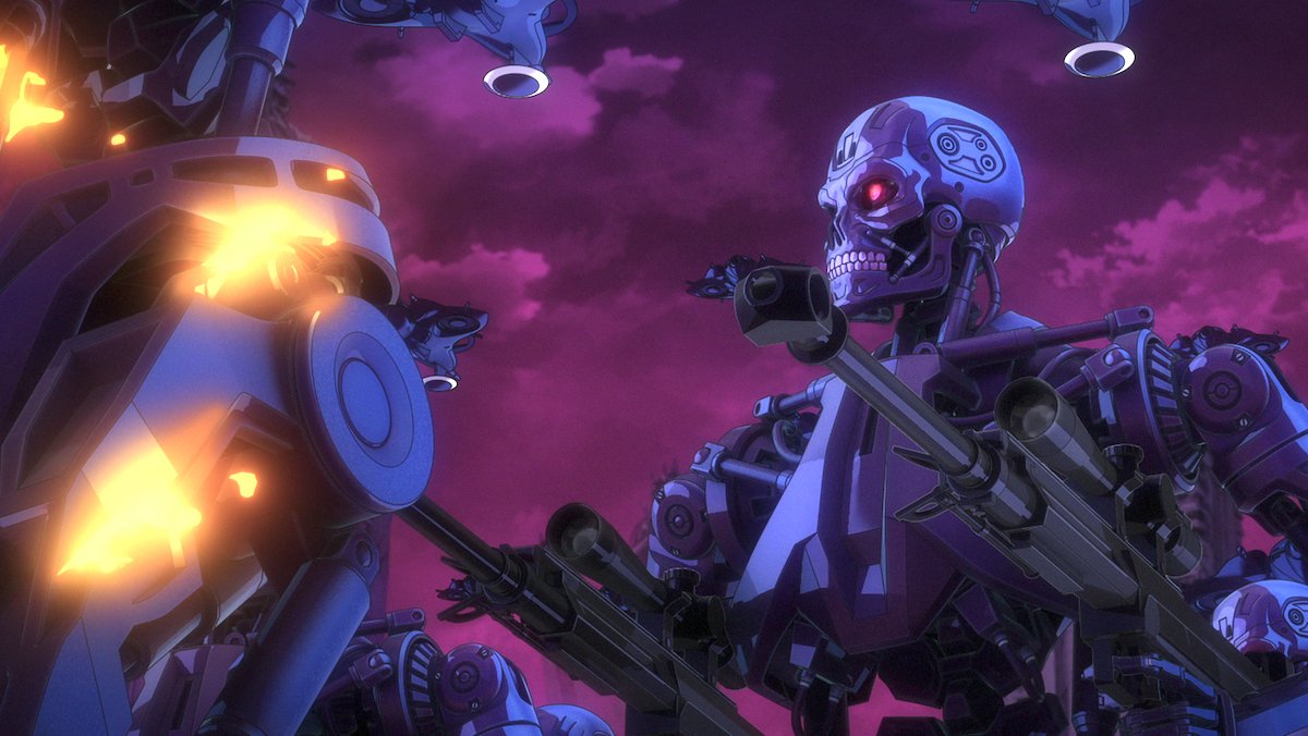 An armed robot marching through a warzone with a purple sky on Terminator Zero.