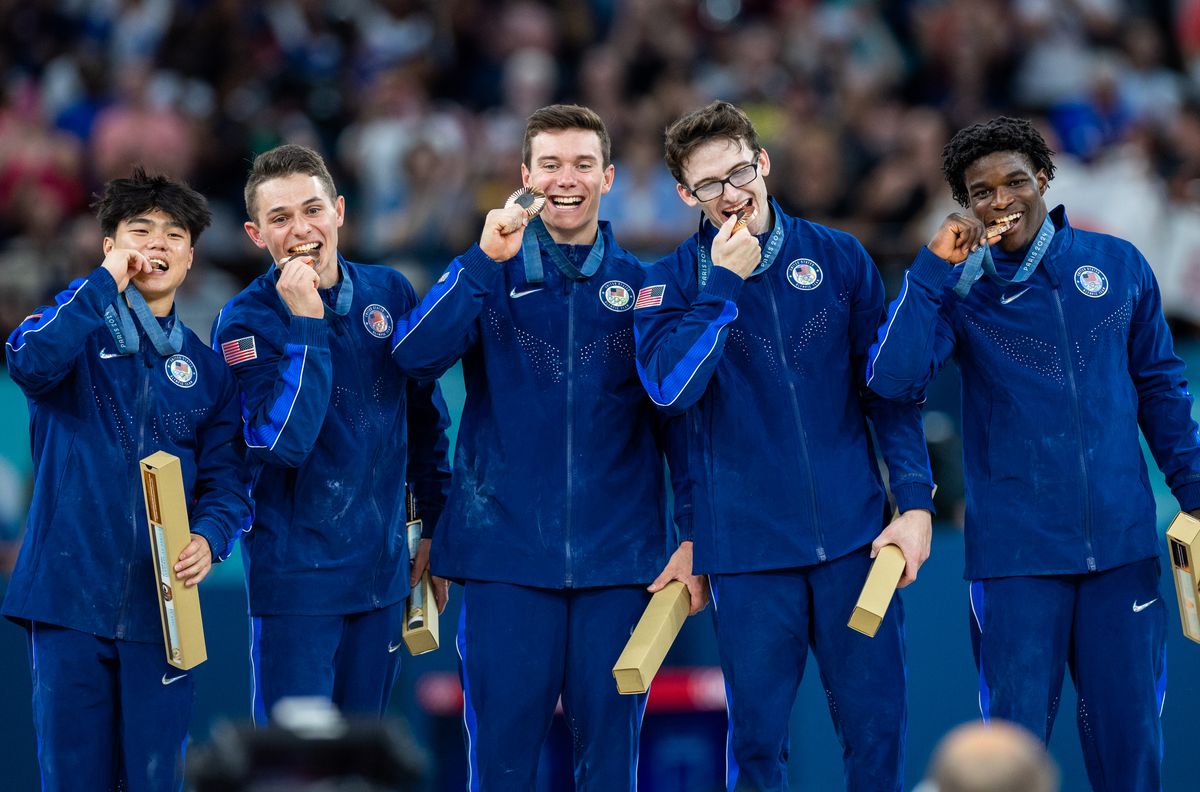 Bronze medalists Team United States  is posing  on the podium during the medal ceremony for the Artistic Gymnastics Men's Team Final on day three of the Olympic Games Paris 2024 at Bercy Arena in Paris, France  on July 29, 2024. (Photo by Andrzej Iwanczuk/NurPhoto via Getty Images)