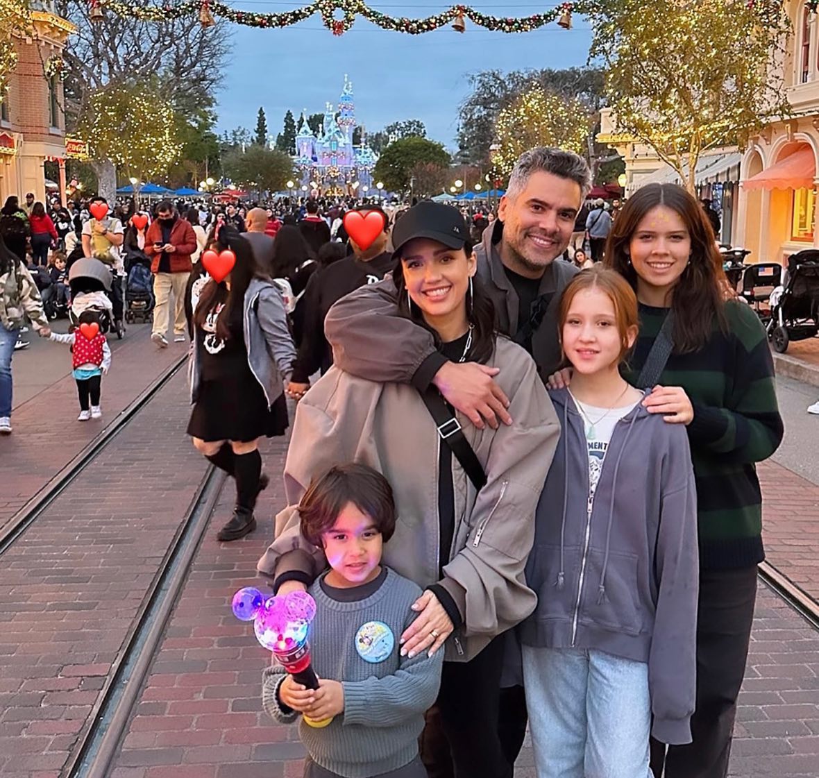 Jessica Alba, Cash Warren, and their three children Honor, Haven, and Hayes in Disneyland