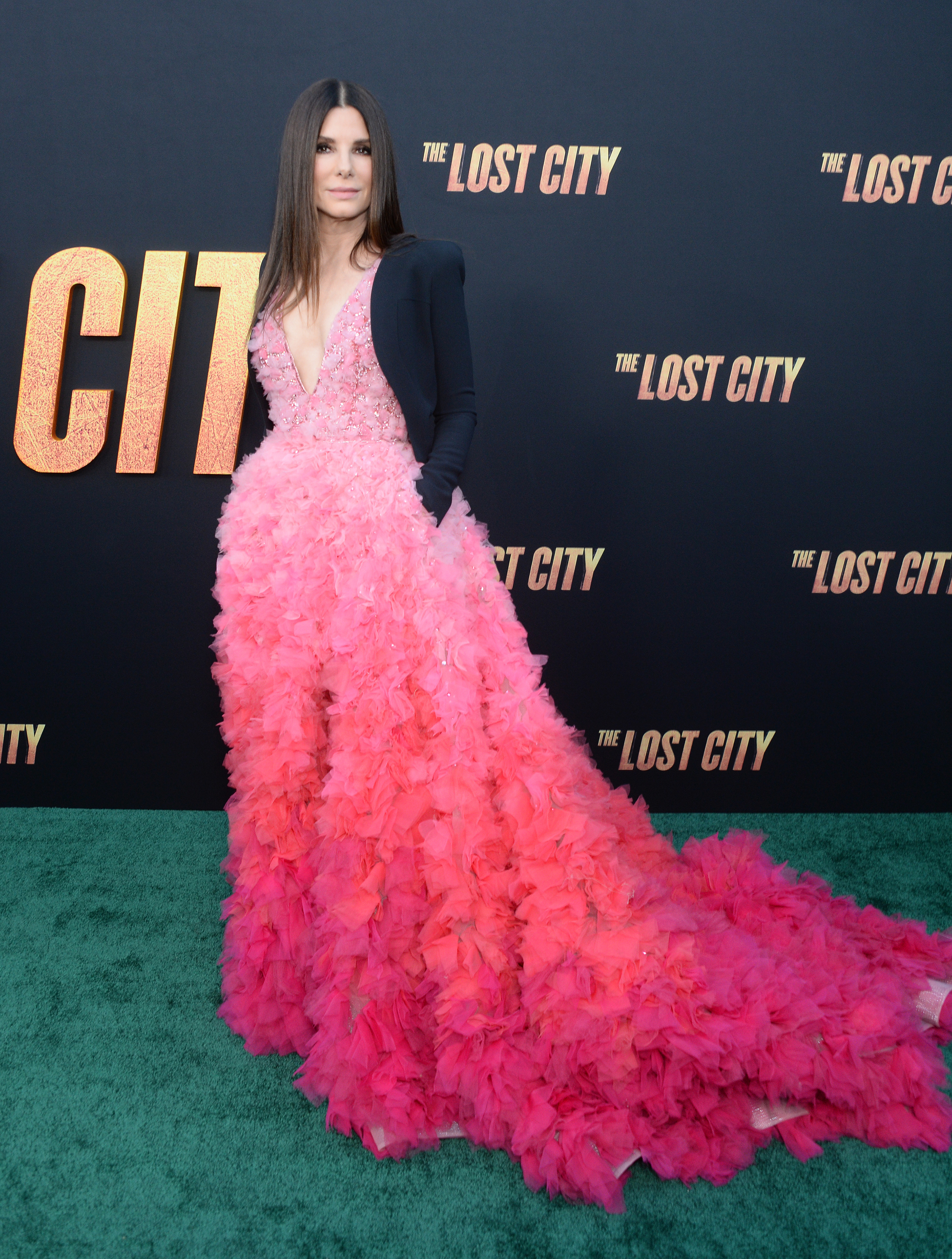 Sandra Bullock strikes a pose at The Lost City Hollywood premiere on March 21, 2022, in Los Angeles, California