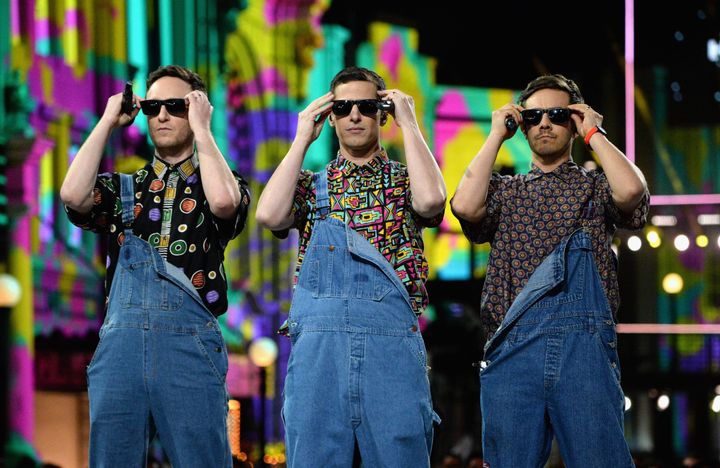 Akiva Schaffer, Andy Samberg and Jorma Taccone of The Lonely Island perform onstage during the 2016 MTV Movie Awards.
