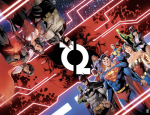 The wraparound cover of DC All In Special #1, featuring the main universe Justice League on one side, and Batman, Superman, and Wonder Woman of the Absolute Universe on the other.