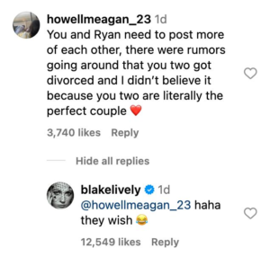 Blake Lively quickly shut down any hint of discord in her marriage to fellow actor Ryan Reynolds.