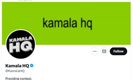 Screen grab of Kamala HQ twitter using the brat colour and text