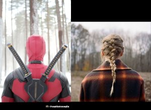 Ryan Reynolds shares Deadpool photo (L) and Taylor Swift's 'Evermore' album cover (R)