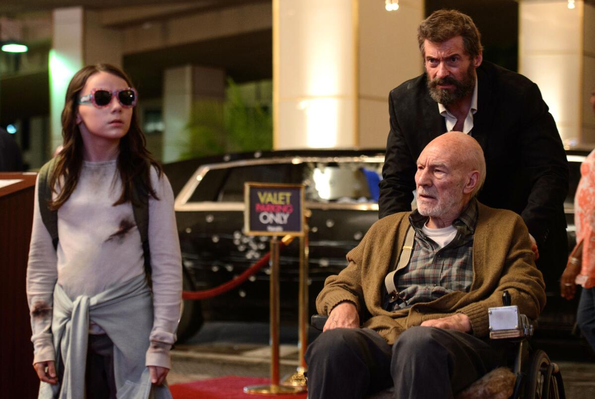 Dafne Keen, Hugh Jackman and Patrick Stewart in "Logan."