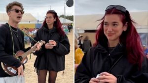 Dua Lipa’s reaction to ukulele busker at Glastonbury becomes viral meme