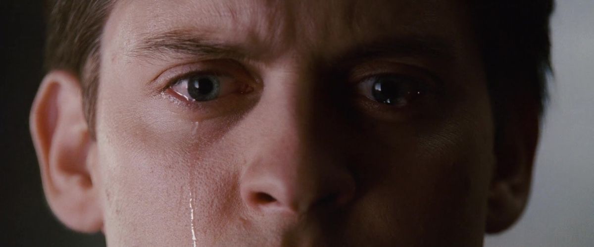 Peter Parker (Tobey Maguire) sheds a tear in Spider-Man 3