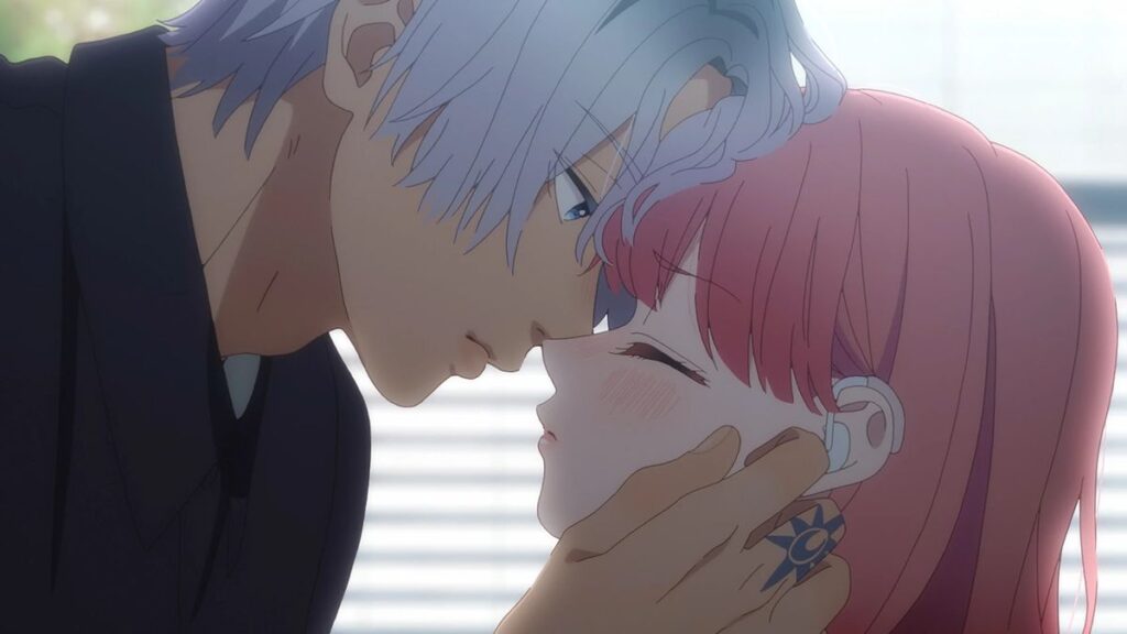A silver-haired anime boy cups the face of a blushing pink haired girl