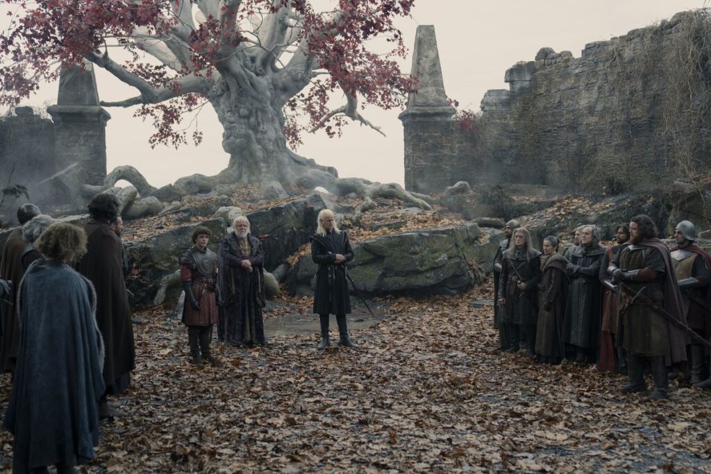 At Harrenhal, the lords of the Riverlands gather with Daemon Targaryen and Oscar Tully. It looks positively autumnal out there.