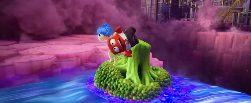 Joy stands giant piece of broccoli, floating in a lue stream. It’s about to go over a huge chasm and Joy is carrying anger, about to punt him off