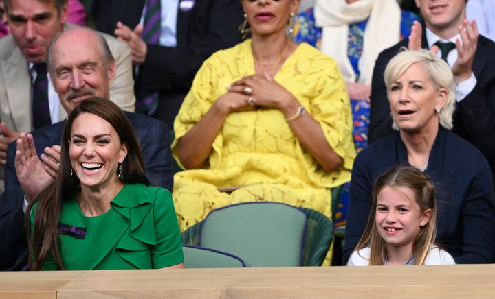 Kate Middleton, left, is photographed with her daughter, Princess Charlotte, at the Wimbledon 2023 men's final on July 16, 2023, in London, England.