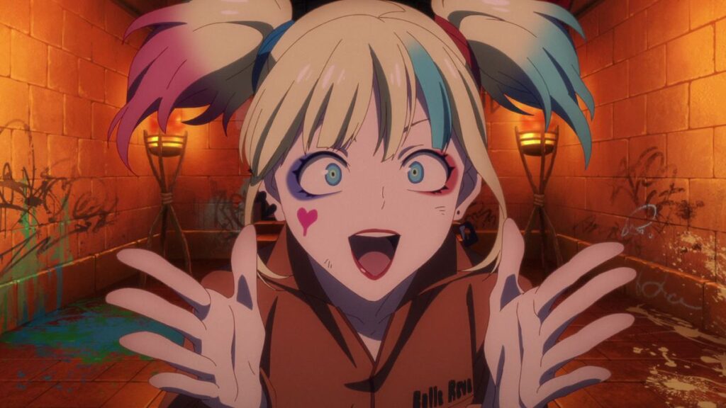 A close-up of an anime Harley Quinn with white clown makeup in a orange prison jumpsuit looking excited