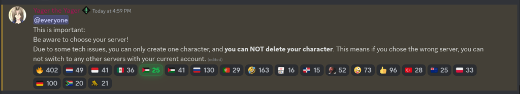 Image of a Discord screenshots with a Mod announcement explaining and warning about the character creation bug
