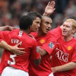 Patrice Evra, Cristiano Ronaldo, Danny Simpson and Paul Scholes celebrate in 2007