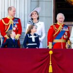 Prince William of Wales, Catherine Princess of Wales, Prince George, Princess Charlotte, Prince Louis during appearance on the Buckingham Palace balcony to watch the flypast during Trooping the Colour 2024 ceremony.