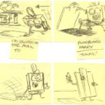 Four sketches on yellow Post-It notes, showing SpongeBob lifting a chunk of the Krusty Krab’s floor, handing mail to an unseen creature in the dark, closing the panel, and later looking to see something at the light switch, hiding behind that same chunk of floorboard
