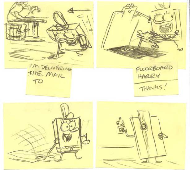 Four sketches on yellow Post-It notes, showing SpongeBob lifting a chunk of the Krusty Krab’s floor, handing mail to an unseen creature in the dark, closing the panel, and later looking to see something at the light switch, hiding behind that same chunk of floorboard