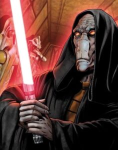 Darth Plagueis art from a 2012 Topps trading card, holding a red lightsaber wearing a black hood.