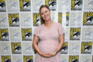 Ronda Rousey showing off her growing baby bump at the 2024 San Diego International Comic-Con on Thursday in San Diego, California.
