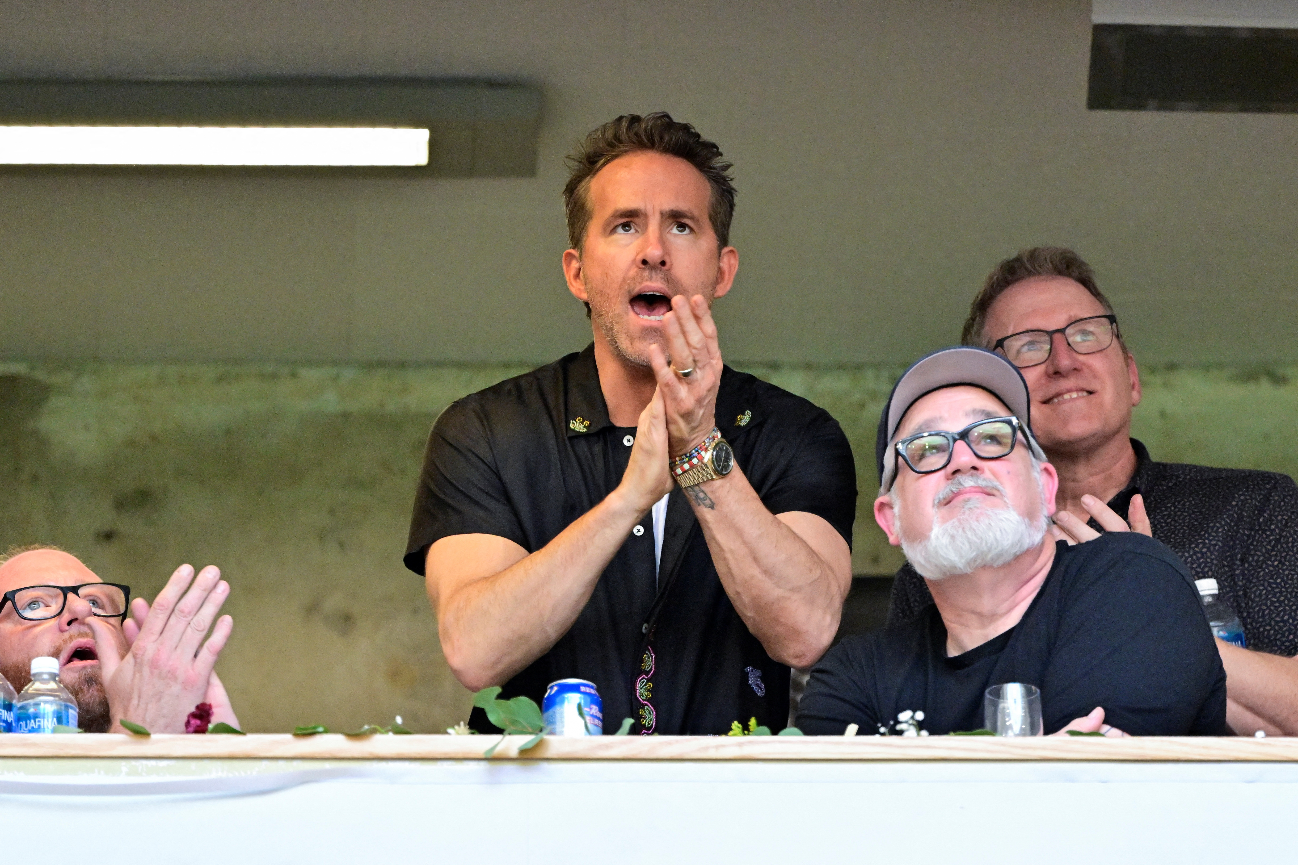 Actor Ryan Reynolds reacts as his Premier League soccer club Wrexham AFC play a friendly match against his hometown team, the Vancouver Whitecaps, in Canada
