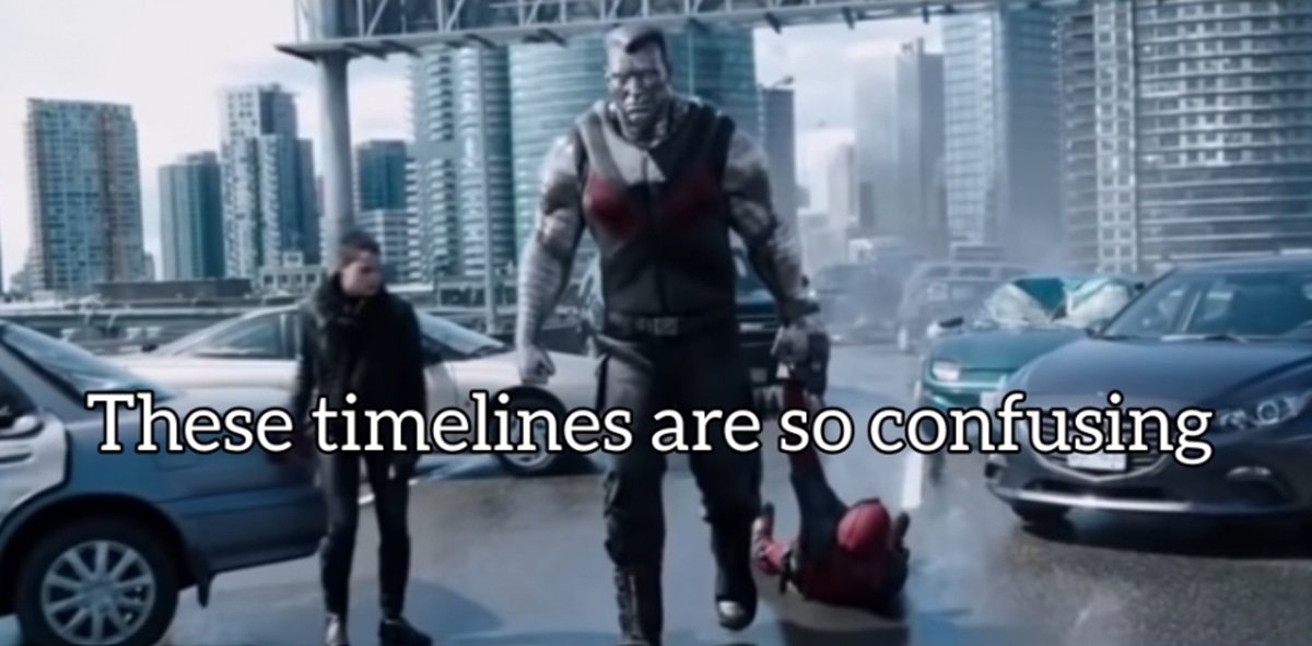 Deadpool talks about the confusing X-Men timelines in his original film. 