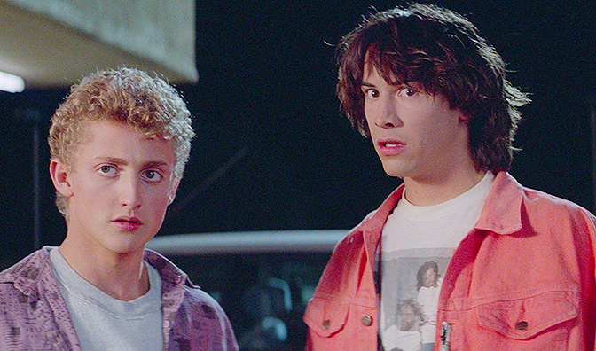Alex Winter as time-travelling slacker buddies Bill S Preston and Keanu Reeves as Ted Theodore Logan